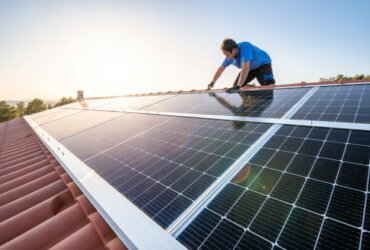 kneeling professional fixing solar panels from the top of a house roof, side view of the roof with sun reflection